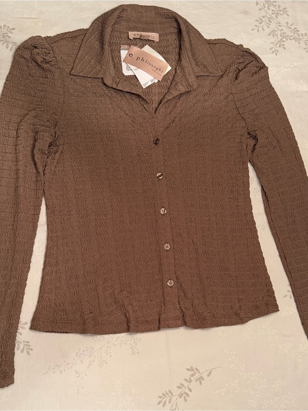 NEW philosophy Brown Textured Button-Front Women's Top NWT 🌷